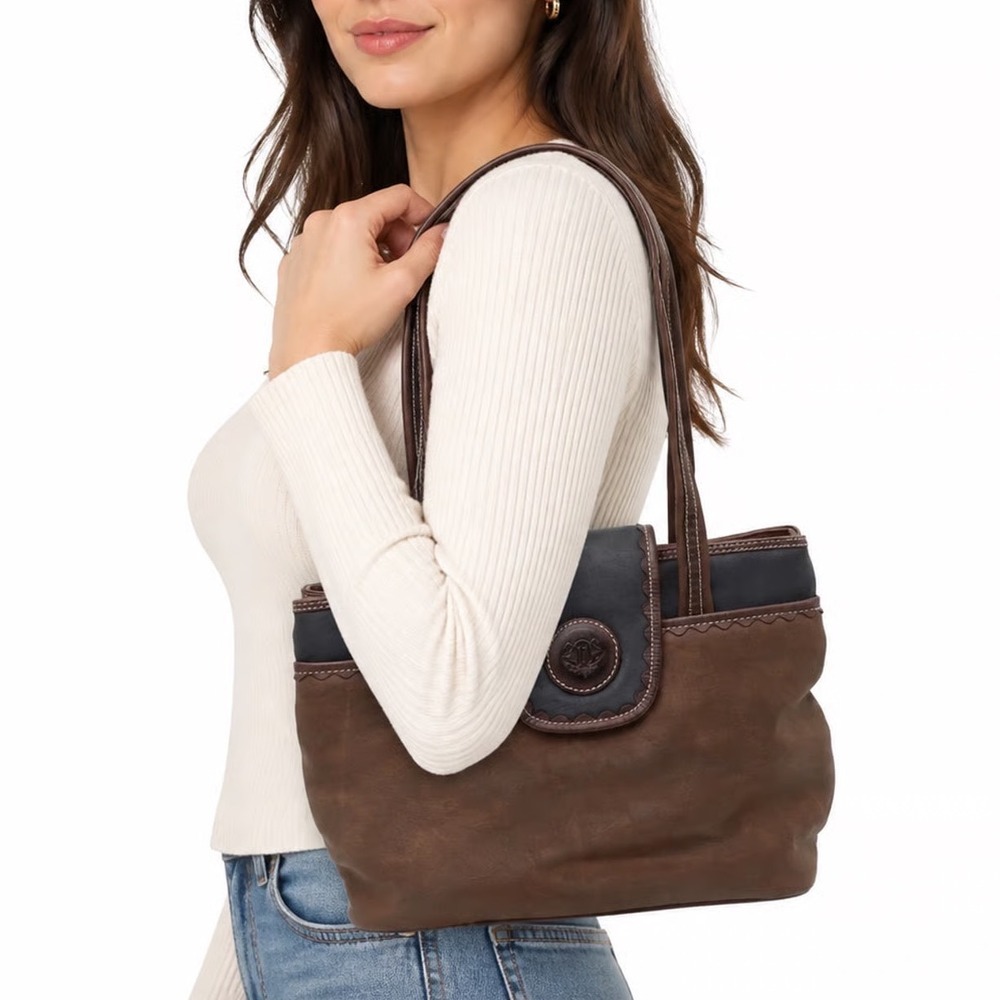 Leslie Fay Shoulder Bag Womens Medium Tote Brown Black Faux Lizard Trim